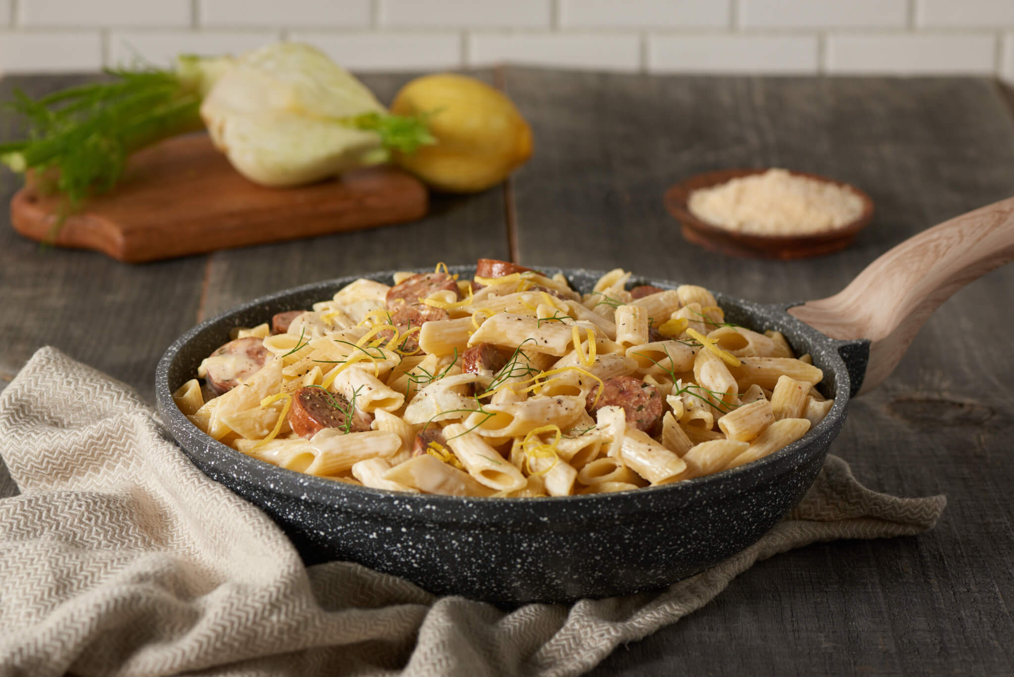 Penne with Lemony Shaved Fennel Sauce and Chicken Sausage